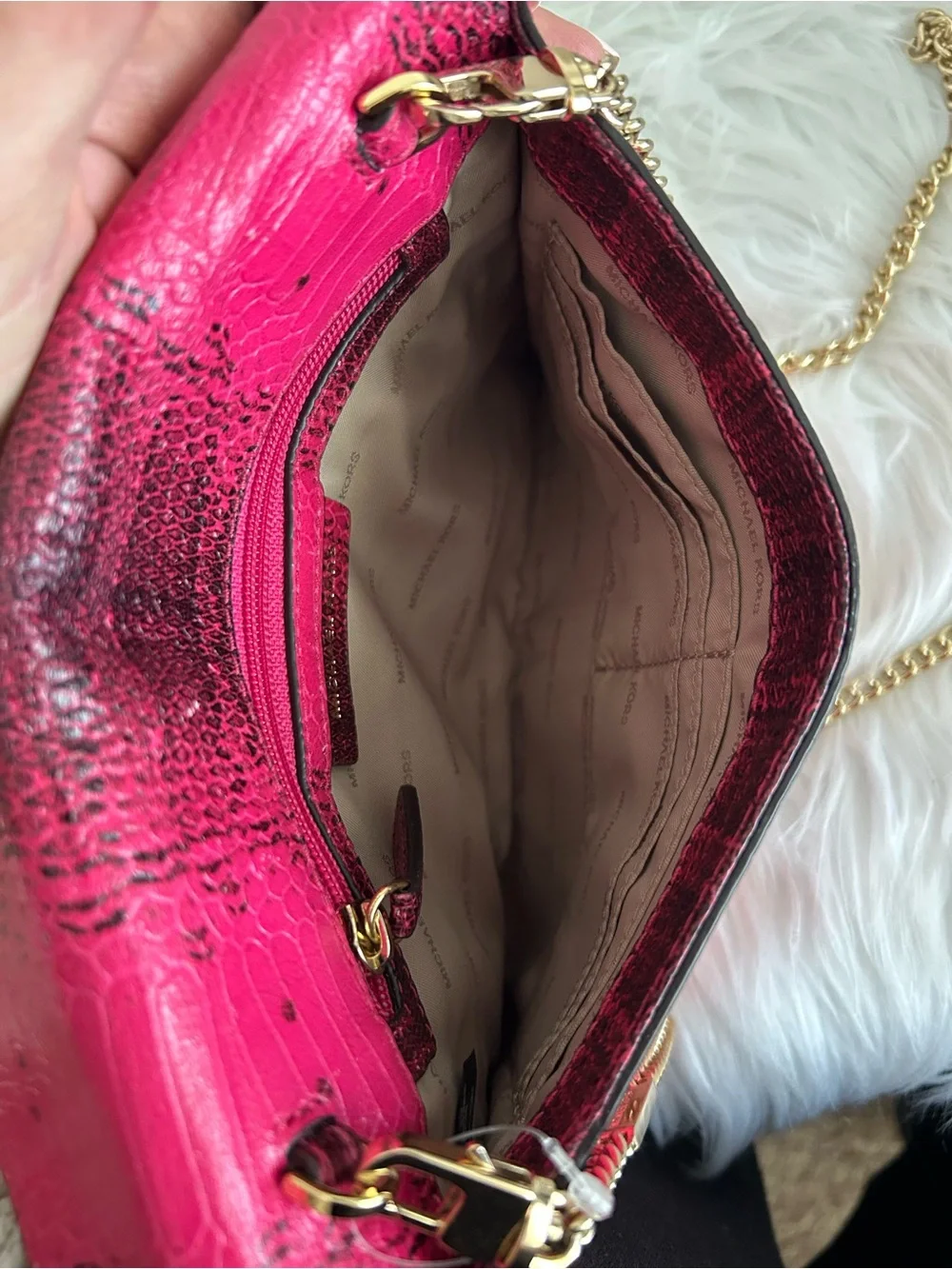 Michael Kors Pink Python Embossed Leather Envelope Crossbody Clutch Chain Bag
